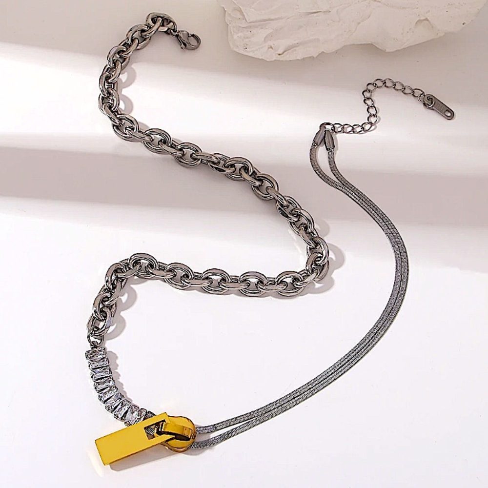 Sterling Silver Chain Link Zircon Zipper Herringbone Punk Choker Necklace - Picture 8 of 11
